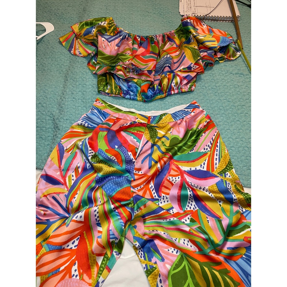SugarLips Tropical Print 2 Piece Set Off Shoulder Crop Top Wide Leg Pants Lg